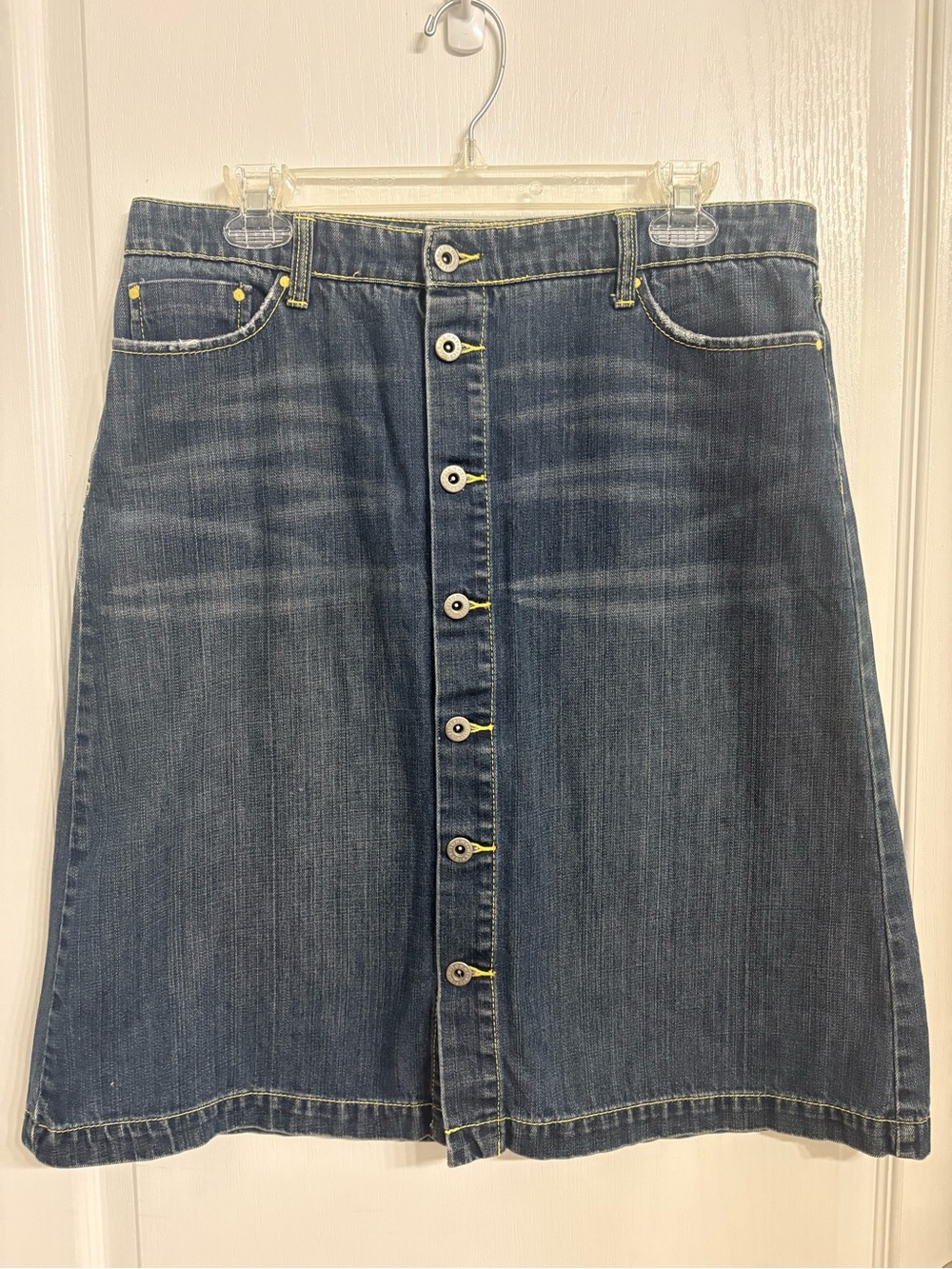 Tommy Hilfiger Blue Denim Skirt Button Down VTG Y2K Fray Embroidered Size 10
